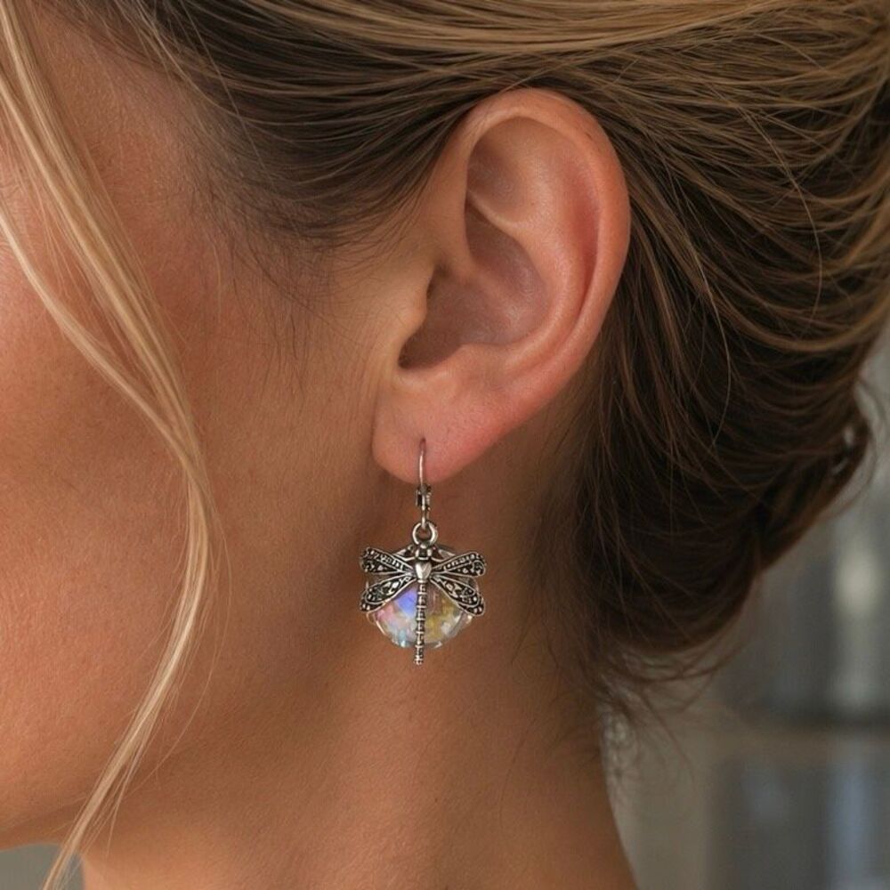 Dragonfly Earrings in Antique Silver Tone with Clear Glass Orbs